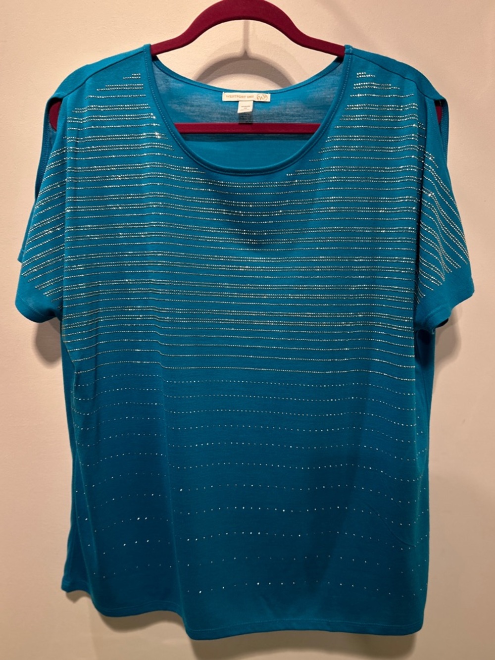 Westport Turquoise Short Sleeve Rhinestone Stripe Cold Shoulder Scoop Neck 1X